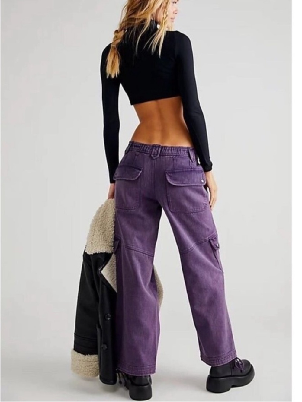 Free People Plum/prune  Came And Ge It Cargo Wide-Leg Denim Pants - Picture 3 of 12